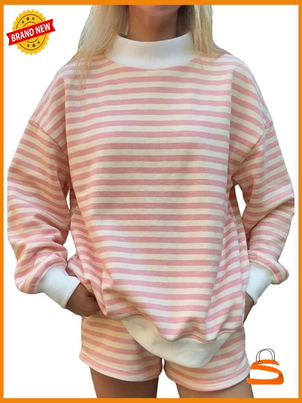 Mock Neck Sweatshirt and Shorts 2 Piece Lounge Set Y2k Striped